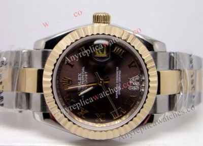 Rolex Replica China Datejust watch 2-Tone Yellow Gold / Chocolate Dial VI Diamond / 31mm Midsize